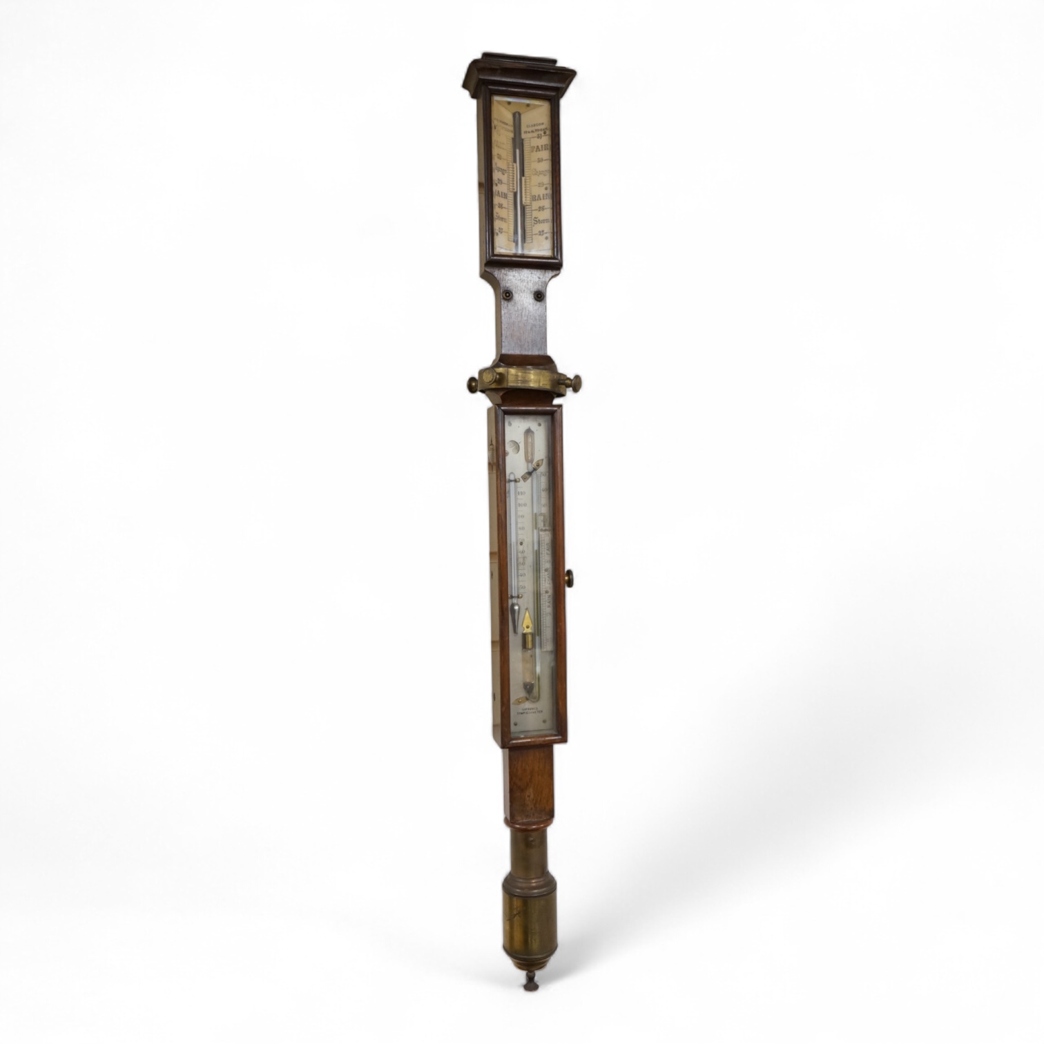 A 19th century oak marine stick barometer by Whyte Thomson, Glasgow, with ‘improved sympiesometer’ and thermometer to the front, with part of the brass gimbal holder still present, 96cm high, CITES Submission reference Y